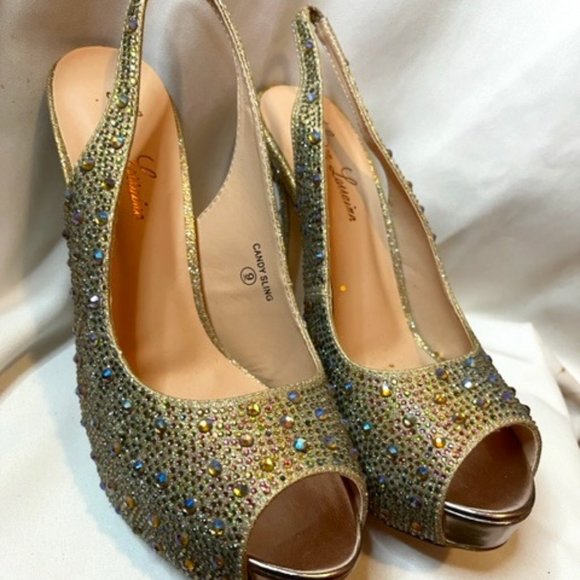 Lauren Lorraine Shoes - Bedazzled Rhinestone Lauren Lorraine Platform Heels Candy Sling Size 9 Gold